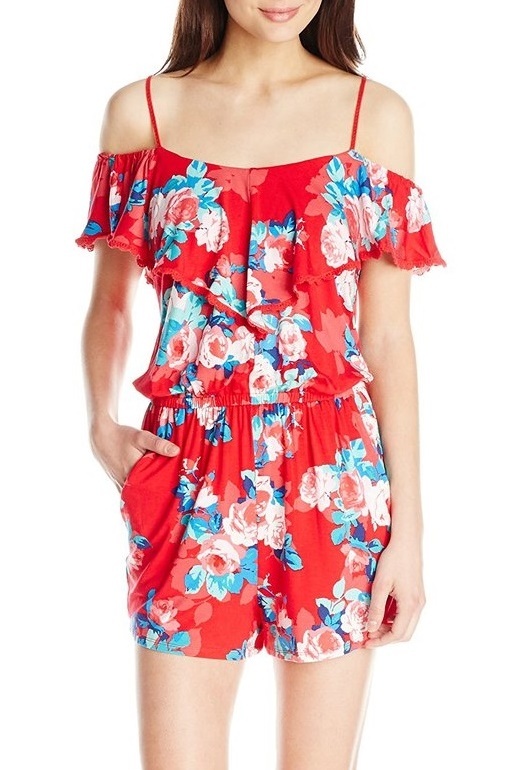 Jessica Simpson Norah Red Blossom Ruffled Stretch Knit Romper w/Side Pockets $69