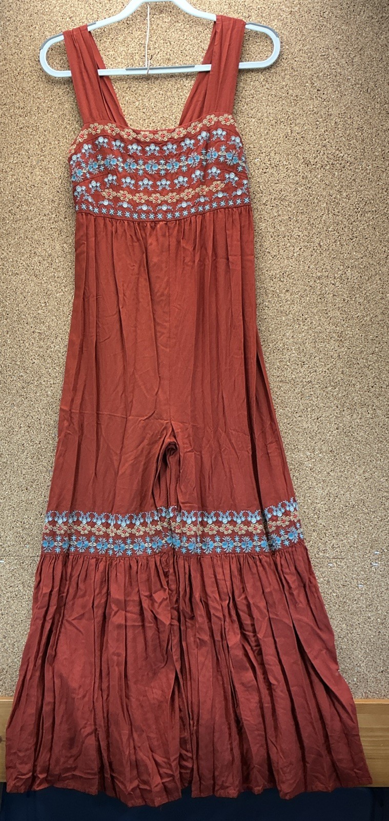 Natural Life Women Red Rust Embroidered Bell Bottom Hippie Jumpsuit Small