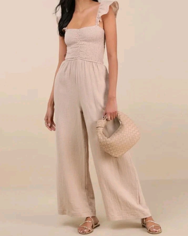 NWT Lulus Beige Smocked Wide-Leg Jumpsuit