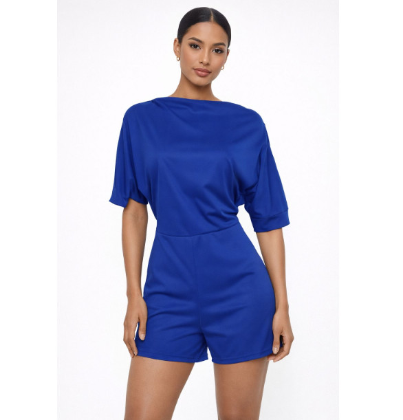 Womens Romper Blue Medium Button-up Short Sleeves Waist Zipper One Piece