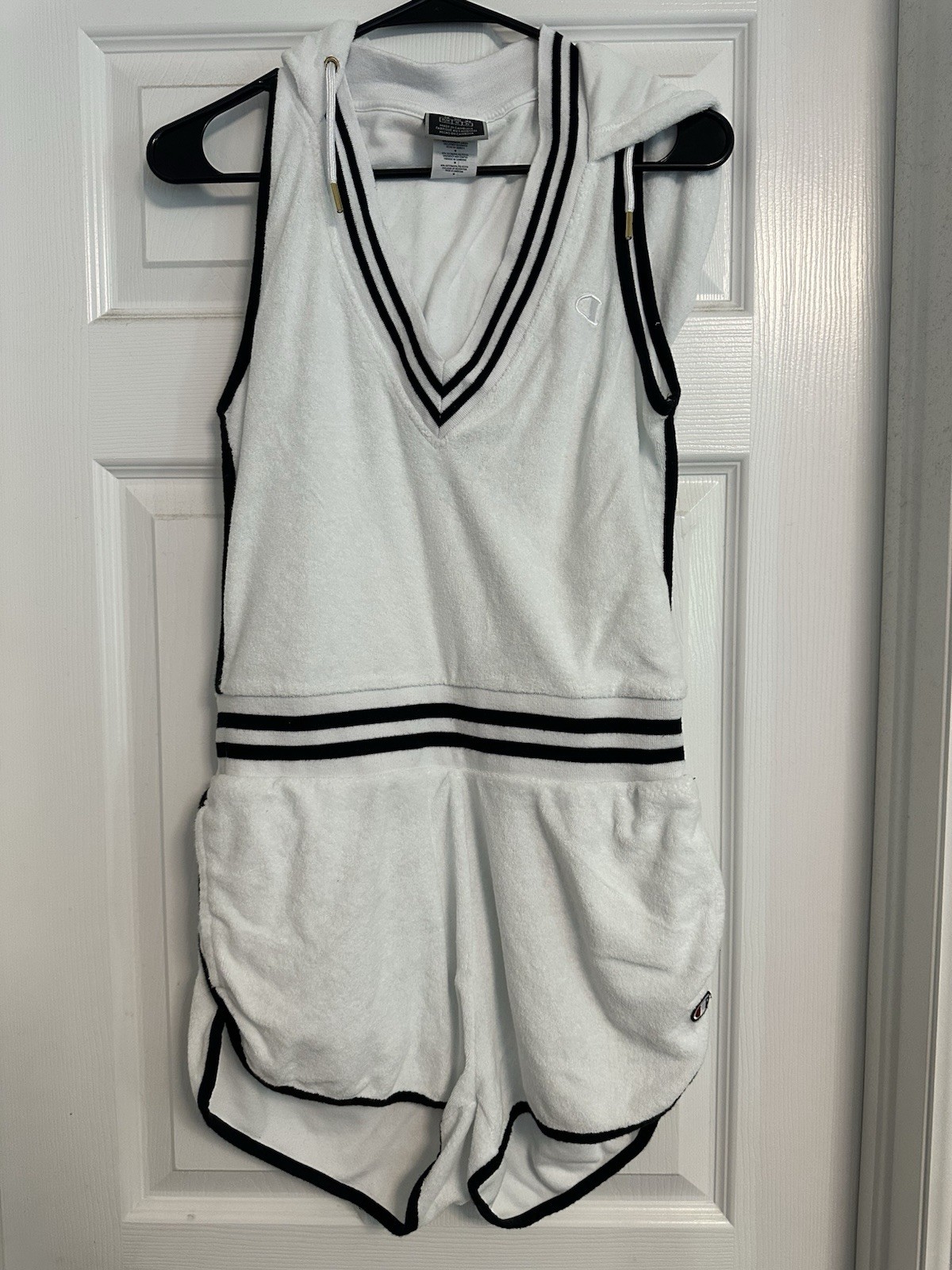 Champion Terry Cloth Hoodie Romper Short Women’s Sporty White/Black Trim Size M