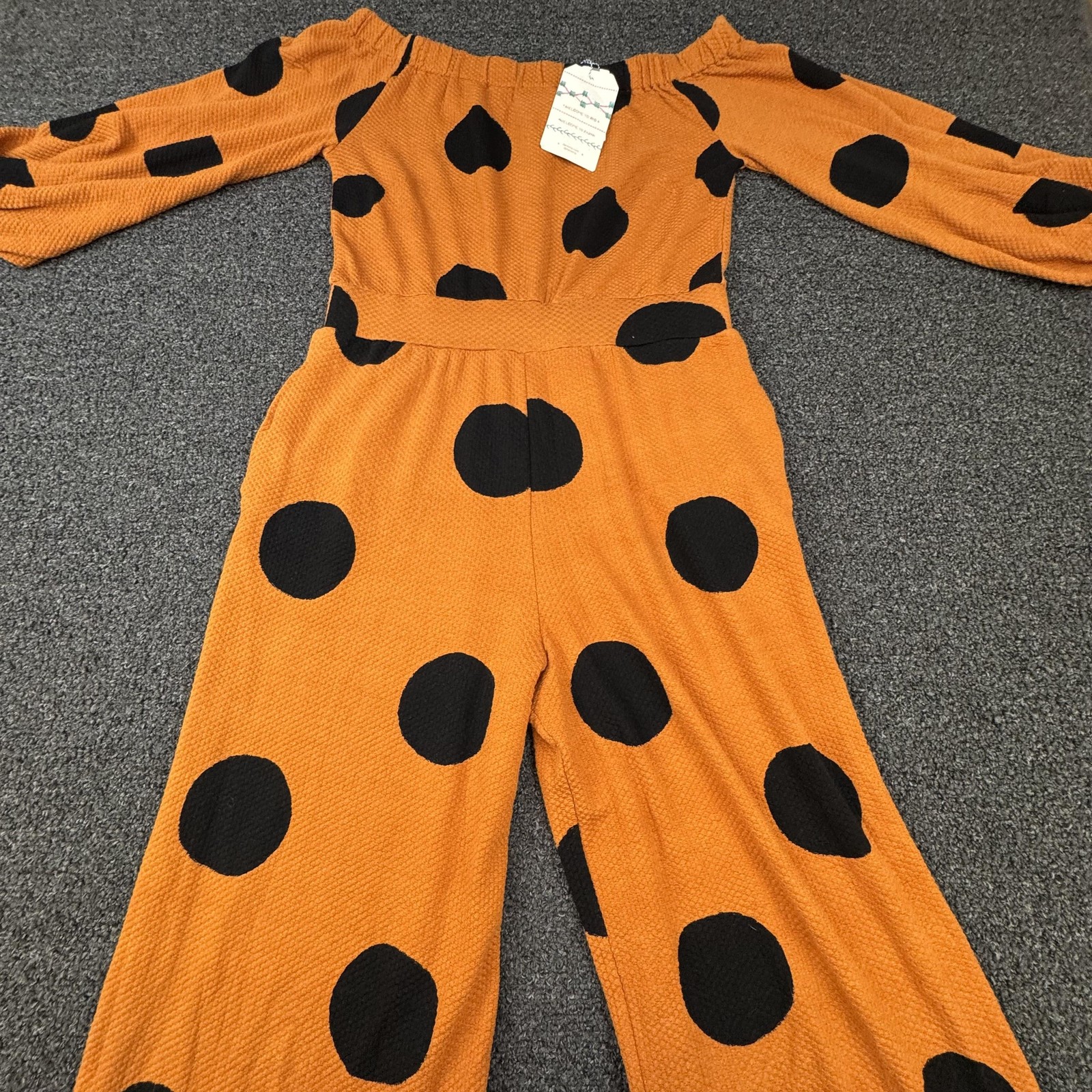Farm Rio Jumpsuit Womens Medium Orange Polka Dot Off Shoulder Wide Leg Knit