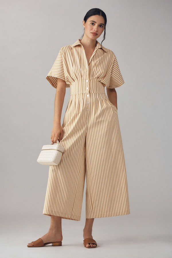 Anthropologie Tobie Pleated Jumpsuit Exquise Wide Leg Yellow Stripe Size XL NEW