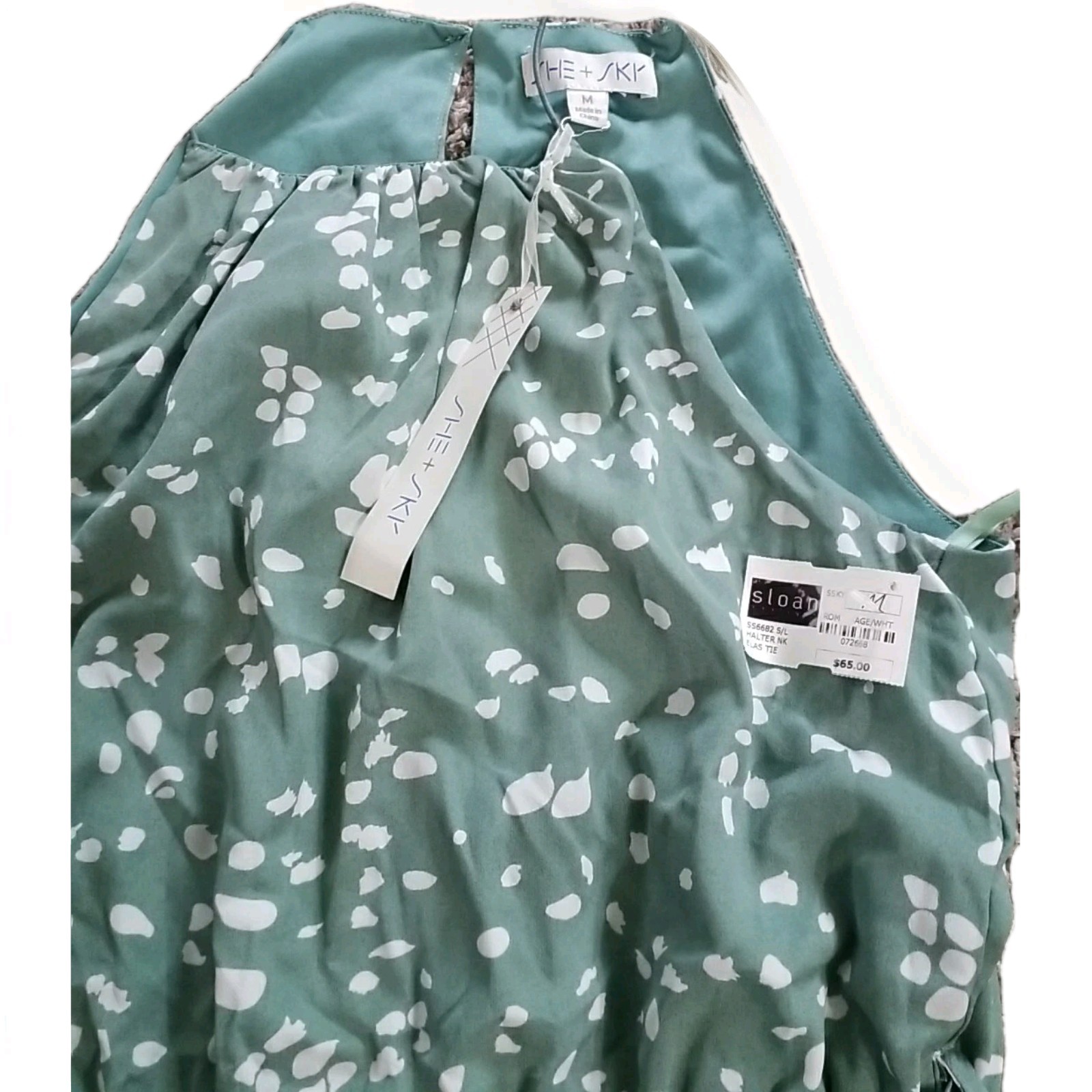 She + Sky Halter Neck Spotted Sage Green & White Romper Large Lined Shorts NWT