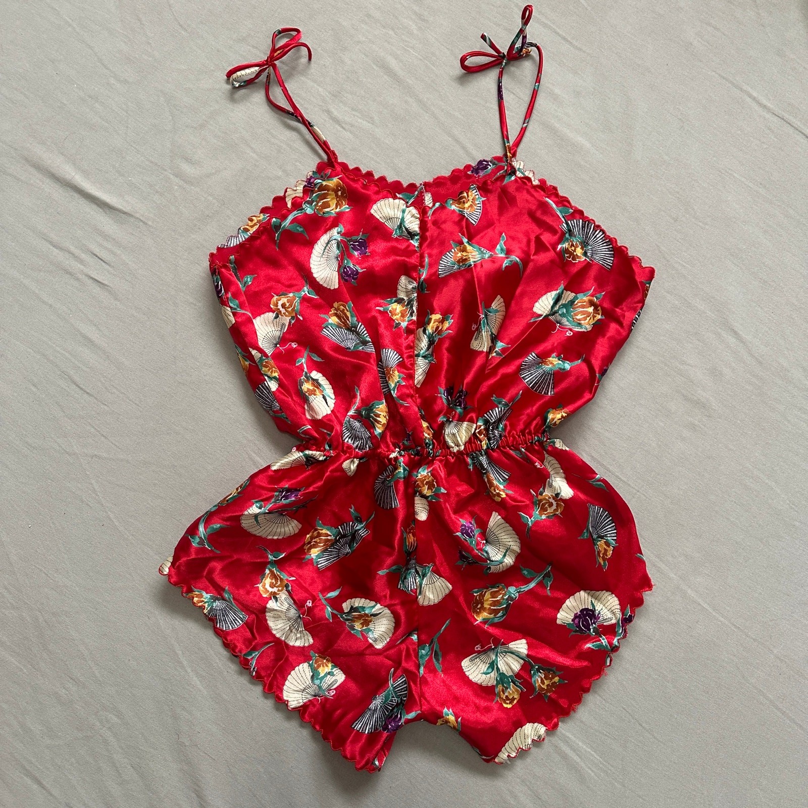 Vintage Satin Red Fan romper scallop trim 80s 90s Handmade Pinterest