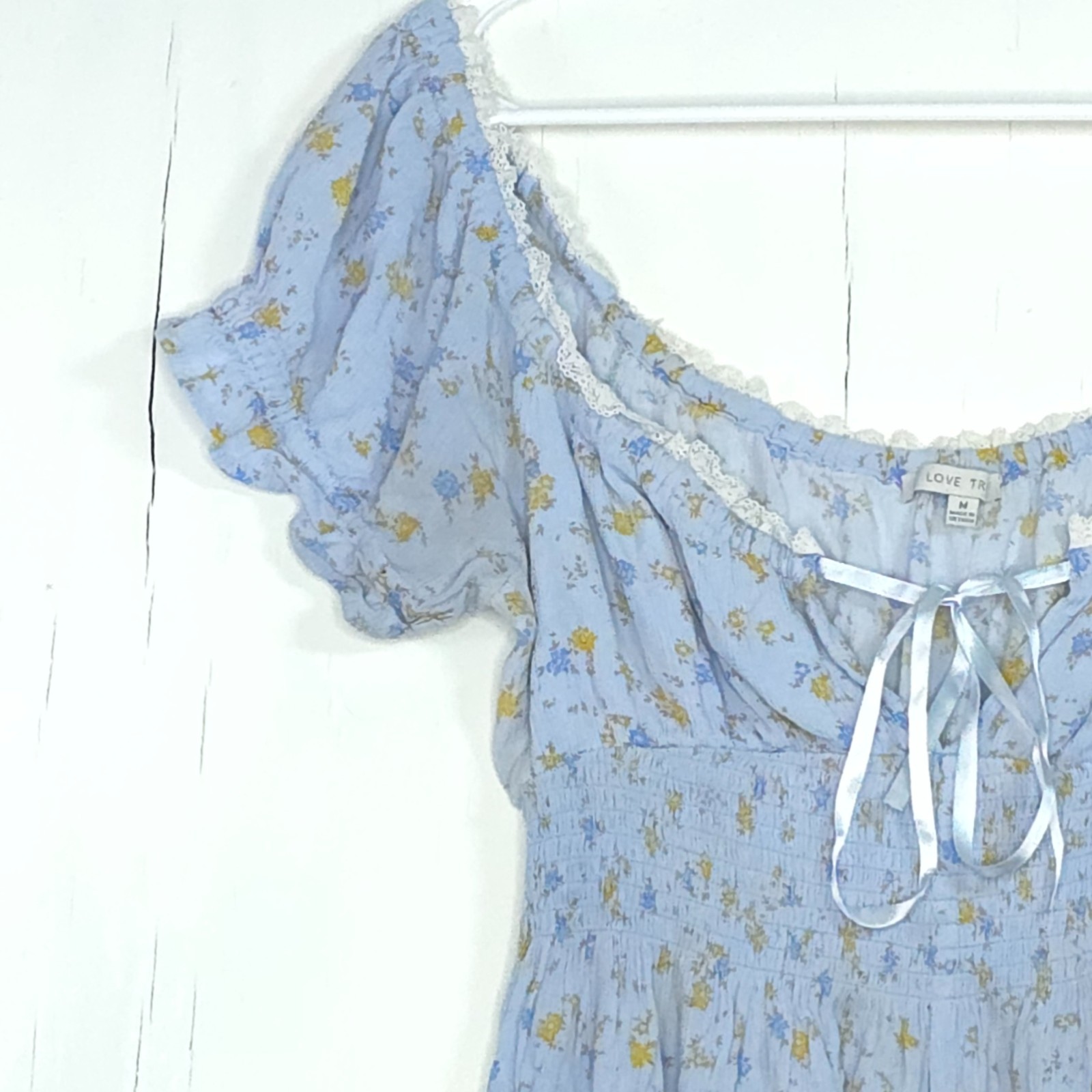 Love Tree Ditsy Floral Light Blue Off-the-Shoulder Mini Romper M