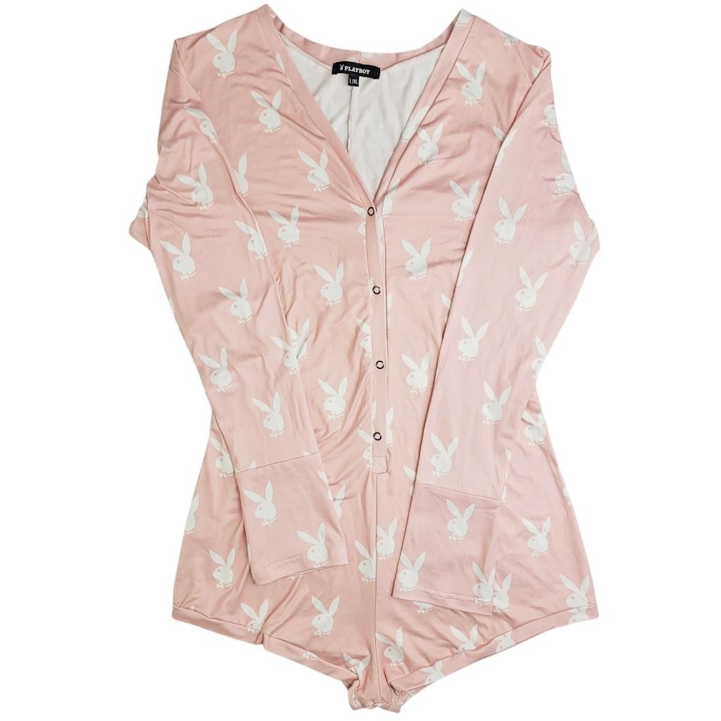 Playboy Bunny Print Romper Fleece Long Sleeves Snap Front Pink PBLI130D L/XL