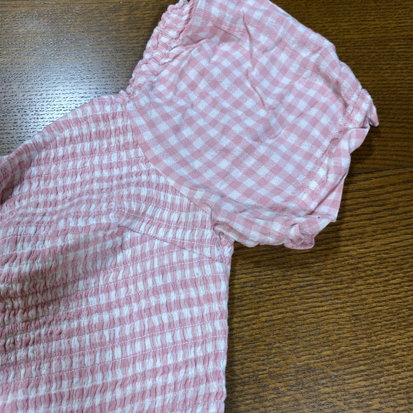 HOLLISTER Pink White Gingham Romper Puff Sleeve Picnic Coquette Cottage Farm L