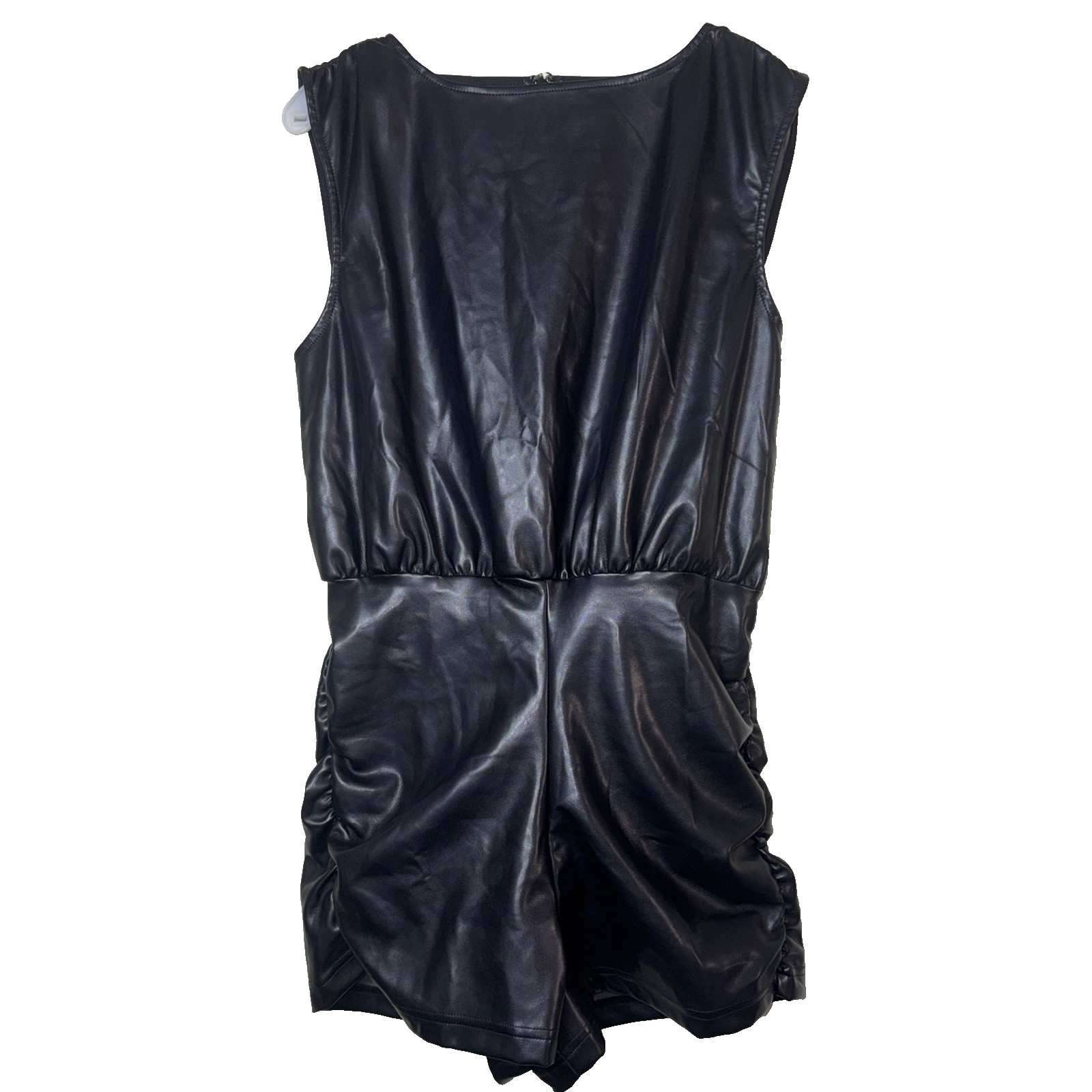 NWT WeWoreWhat Vegan Leather Ruched Muscle Tank Romper Black Size L Edgy Chic