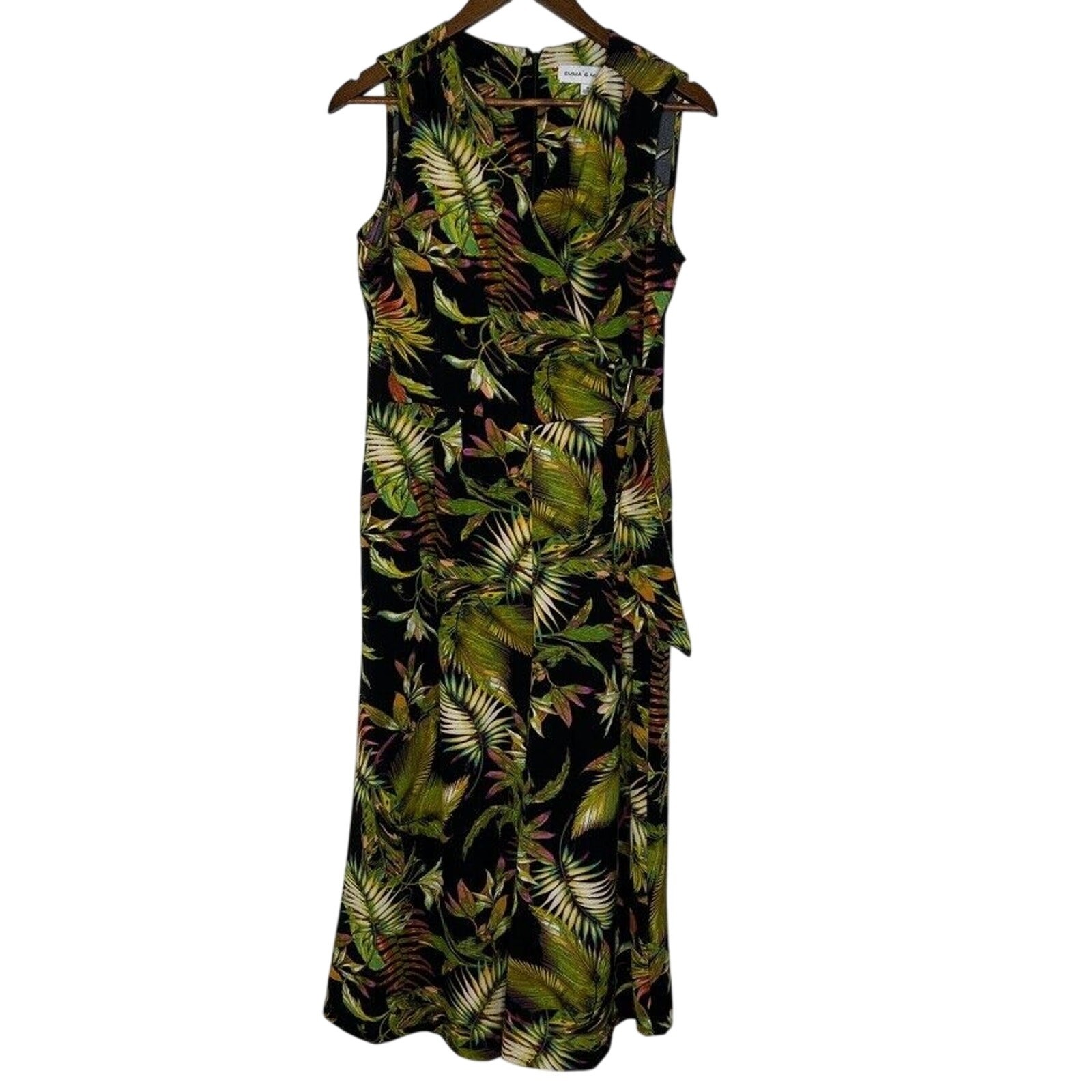 Emma & Michele Vacation Tropical Palm Leaf Sleeveless Jumpsuit 10 Green Black