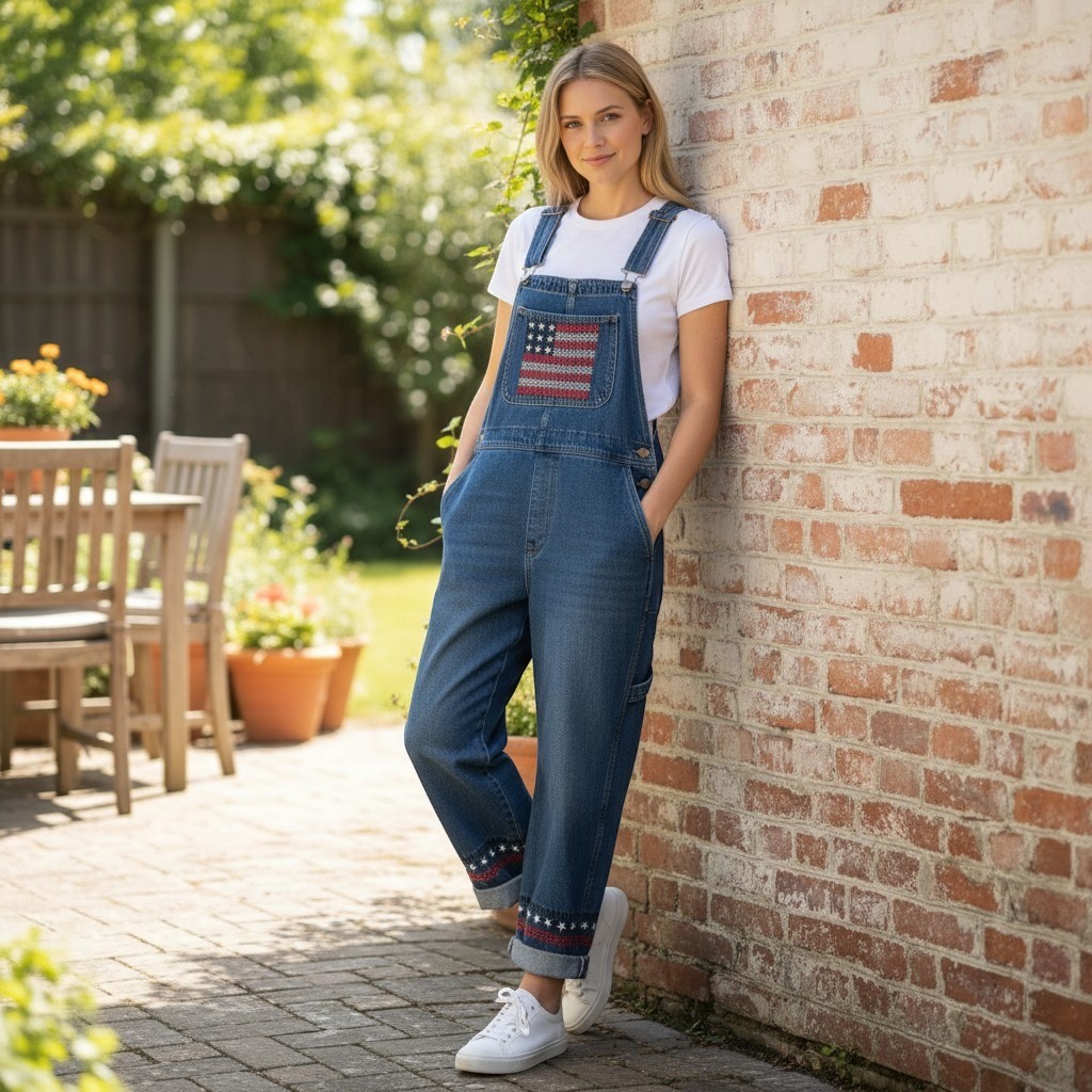 Mountain Lake Casuals Overalls Womens L Blue USA Flag Americana Denim 1590