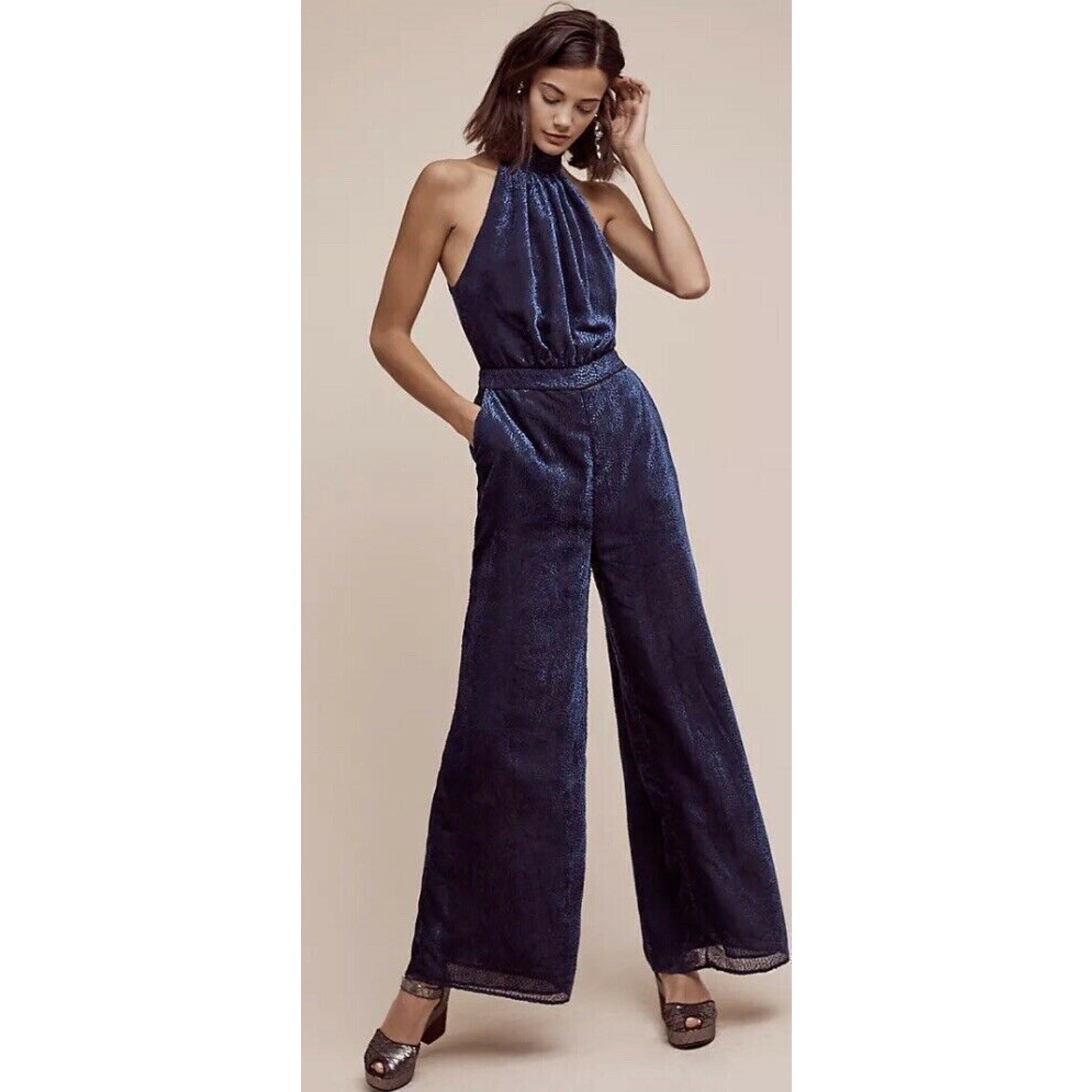 Anthropologie Elevenses Womens Polka Dot Jumpsuit Size 2 Halter Neck Boho Hippie