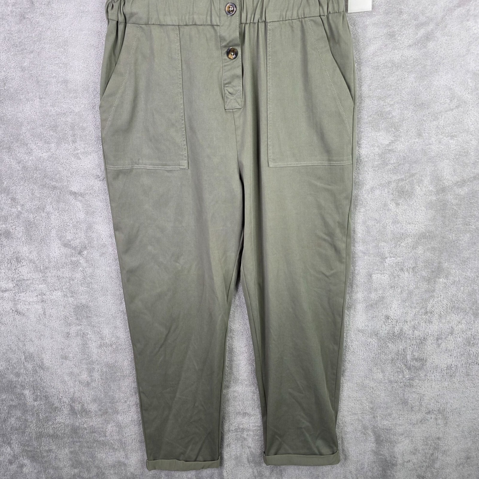 Womens Mono B Olive Green Utility Jumpsuit Button Up Front Short Sleeves Size M