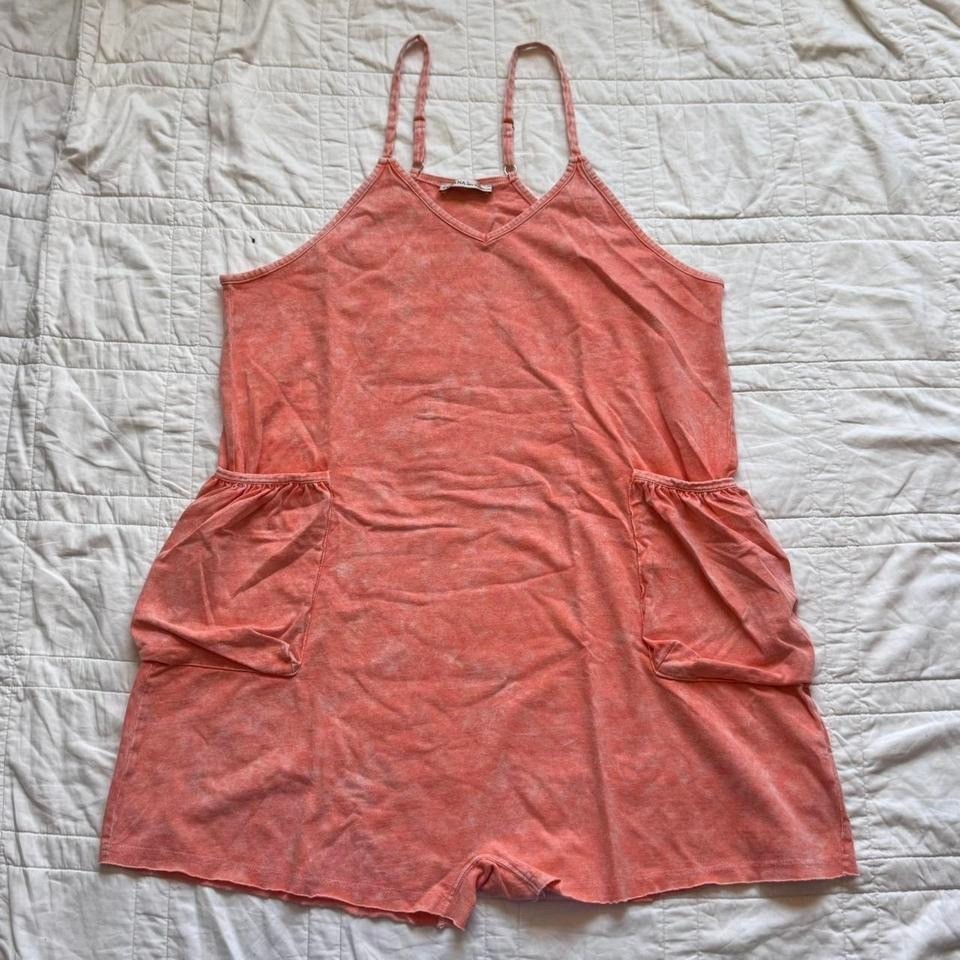 Zenana womens L acid crinkle wash spaghetti strap romper pockets resort boho