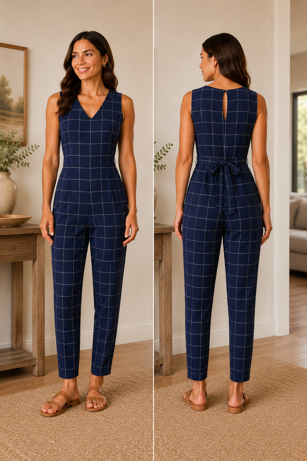 Lilac Clothing Women’s Jumpsuit With Back Tie Size XL Blue Windowpane Stretch