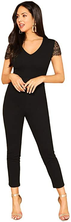 MakeMeChic Women’s V Neck Contrast Short Lace Sleeve Skinny Jumpsuit, Black, XL