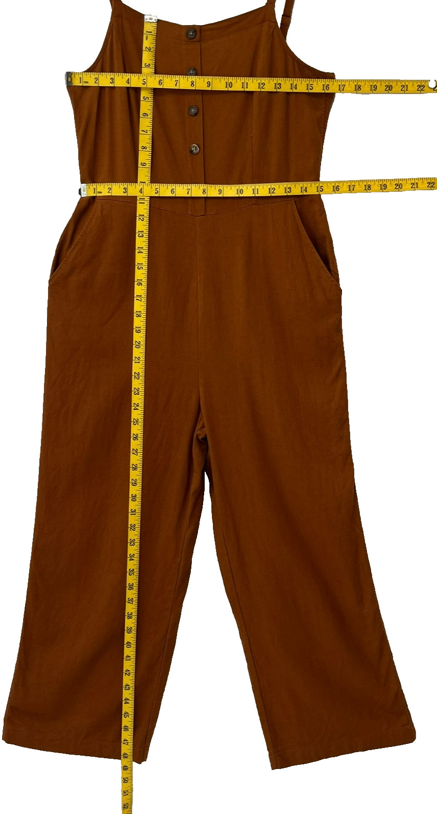 Linen Romper Jumpsuit Cropped Wide Leg Pockets Adjustable Straps Terracotta M