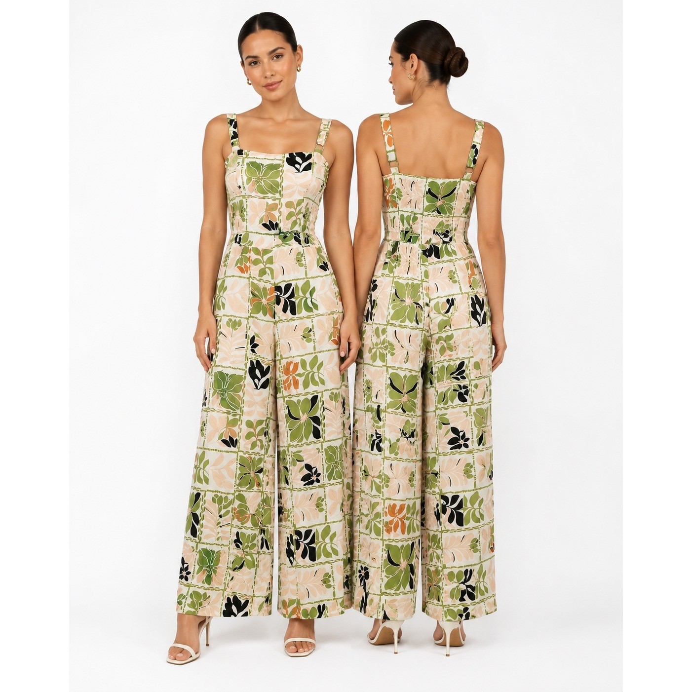 Luxology Women Green Tropical Floral Wide Leg Jumpsuit Size Medium NWT