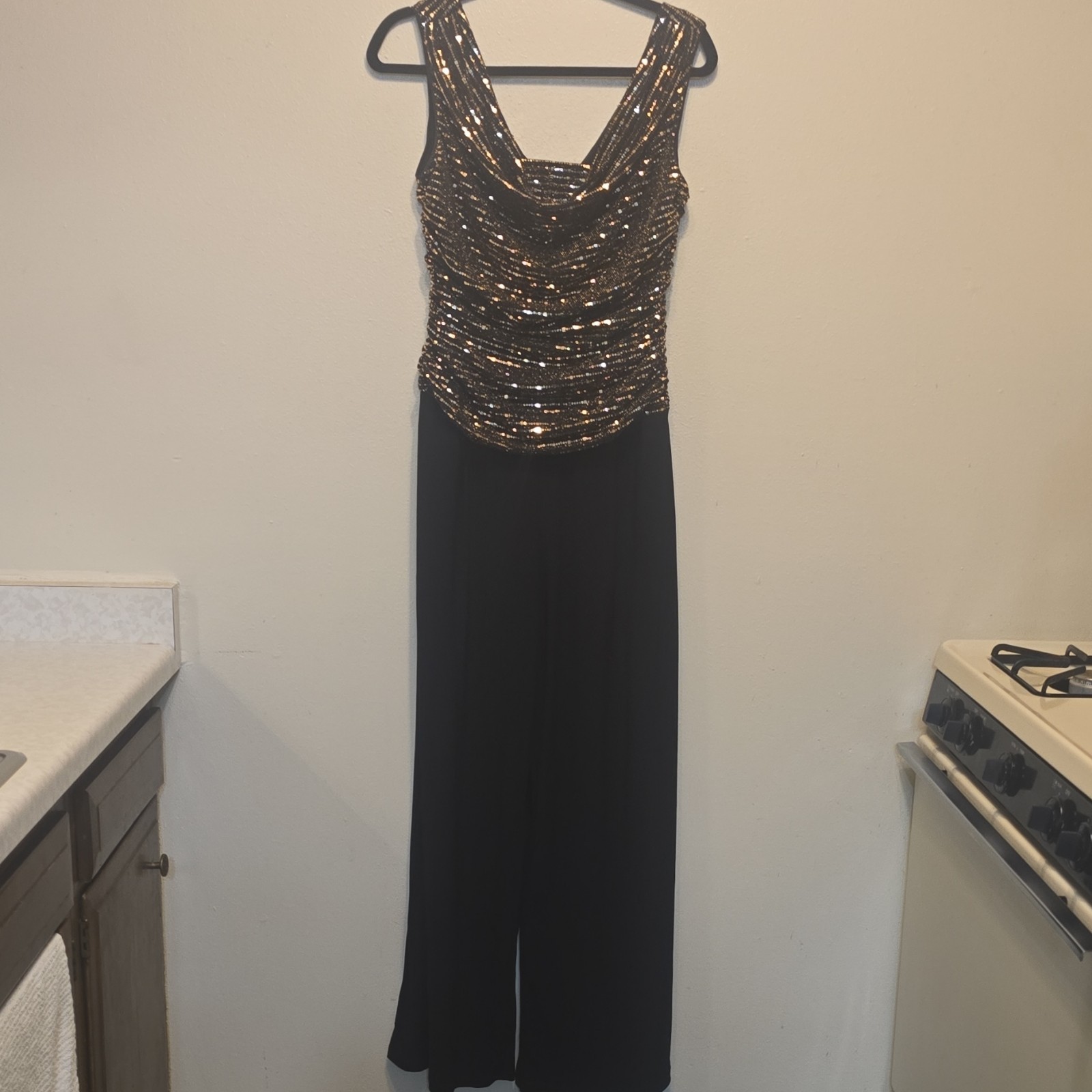 R&M Richards Black Gold Sequin Sleeveless Wide-Leg Jumpsuit Size 10