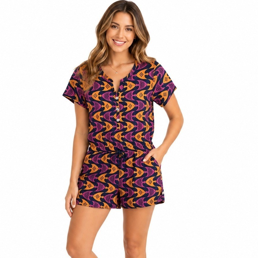 Tracy Negoshian Romper Womens L Pink Orange Fish Print Shorts Coastal Beachy