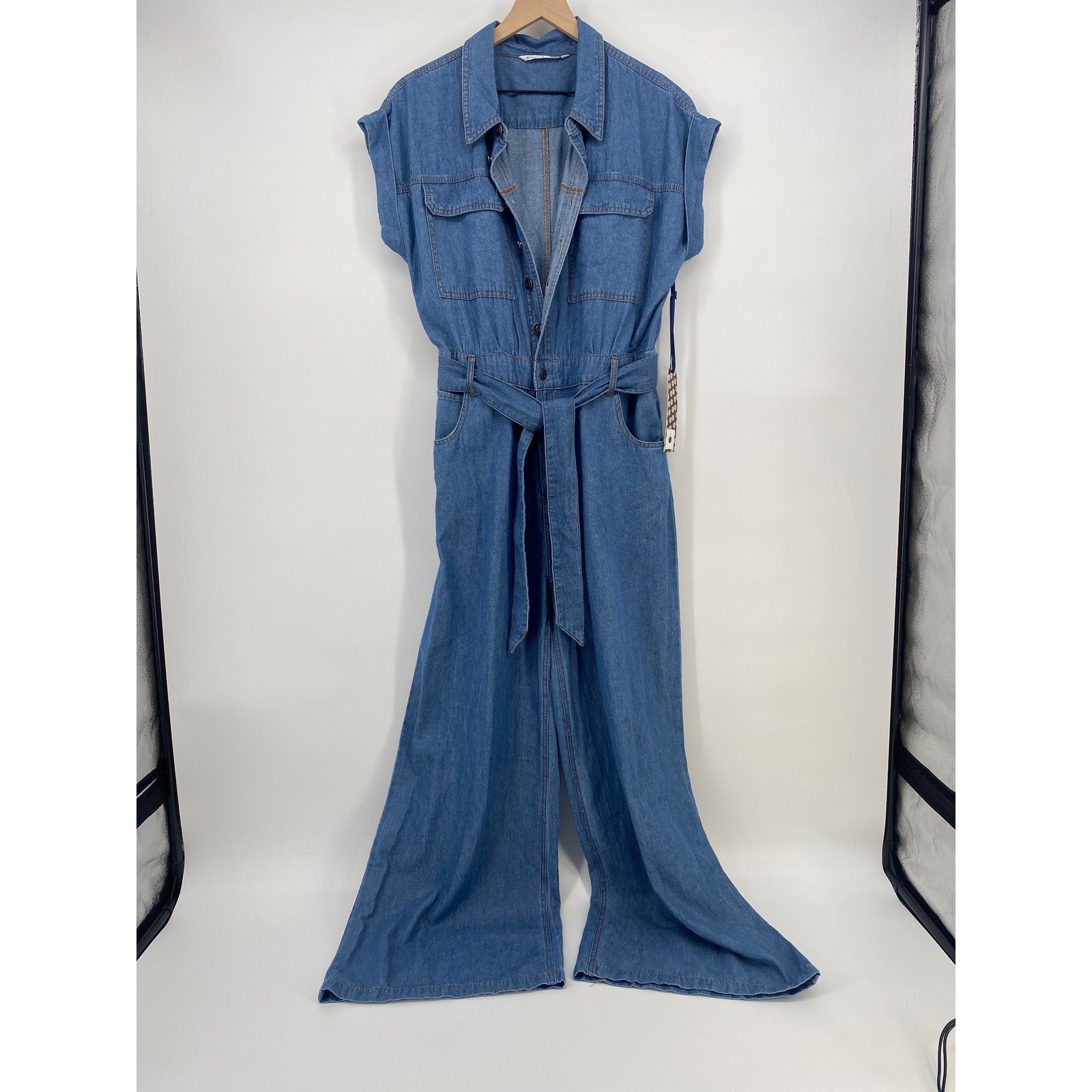 Given Kale Denim Jumpsuit Large Blue New Wide Leg Tie Waist Utility Romper