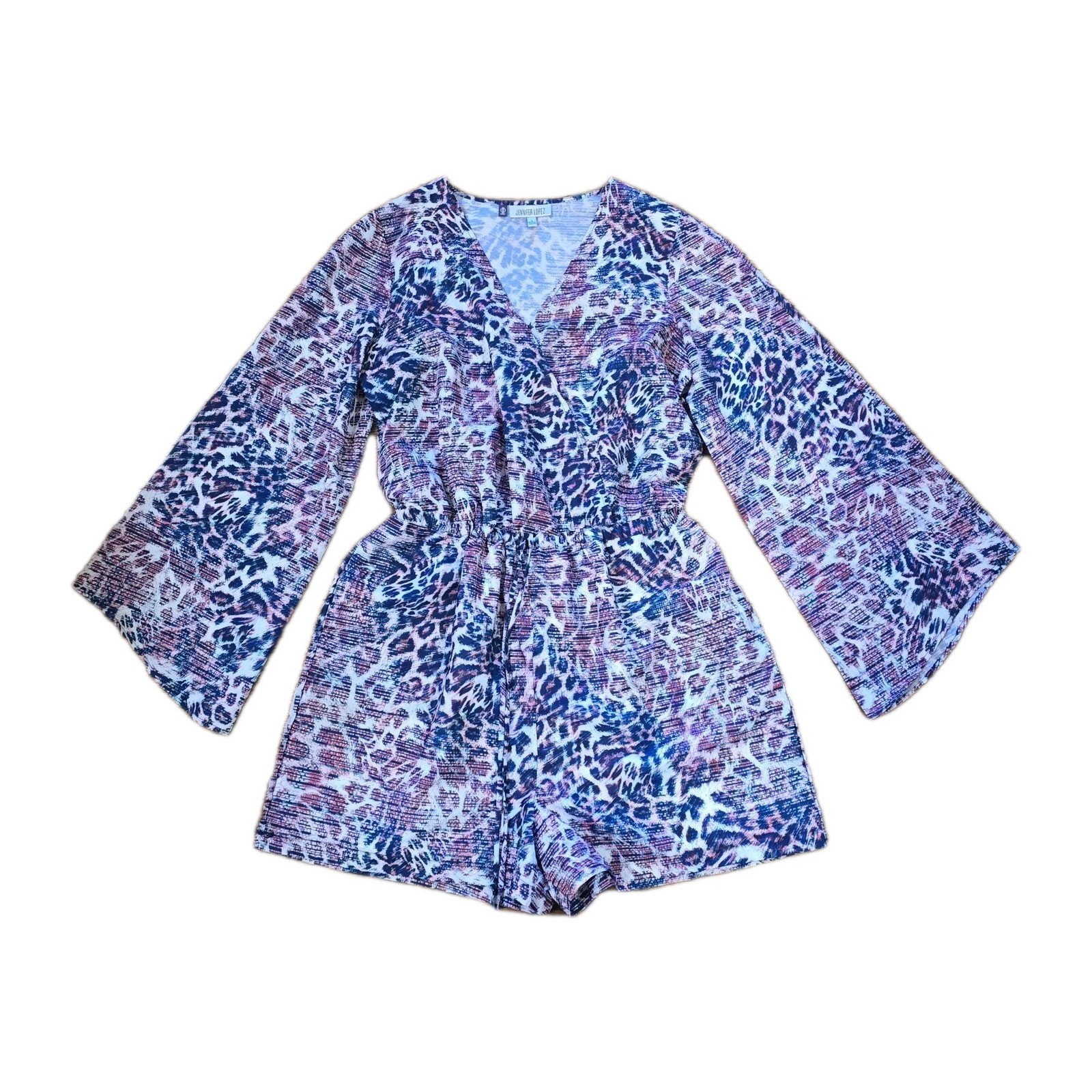 Jennifer Lopez Romper Women’s Large Blue/Pink Leopard Long Wide Sleeves
