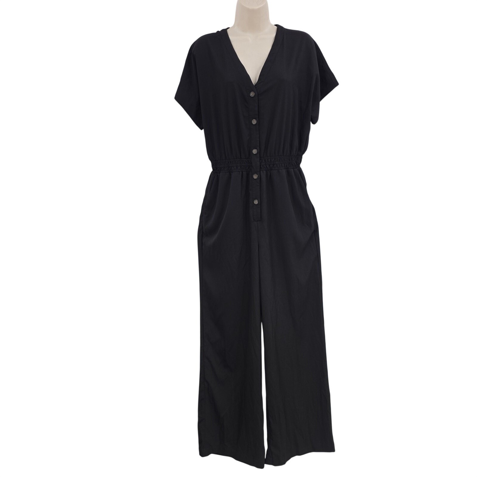 Marine Layer Lia Utility Wide Leg Jumpsuit Women M Black Button Pockets Aviator