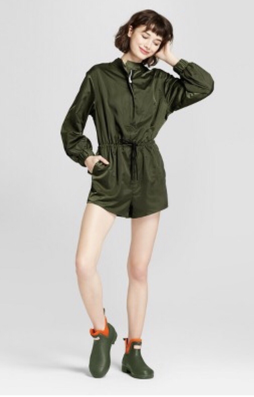 Hunter Target Womens Zip Front Tie Waist Long Sleeve Romper Jumpsuit Olive Small