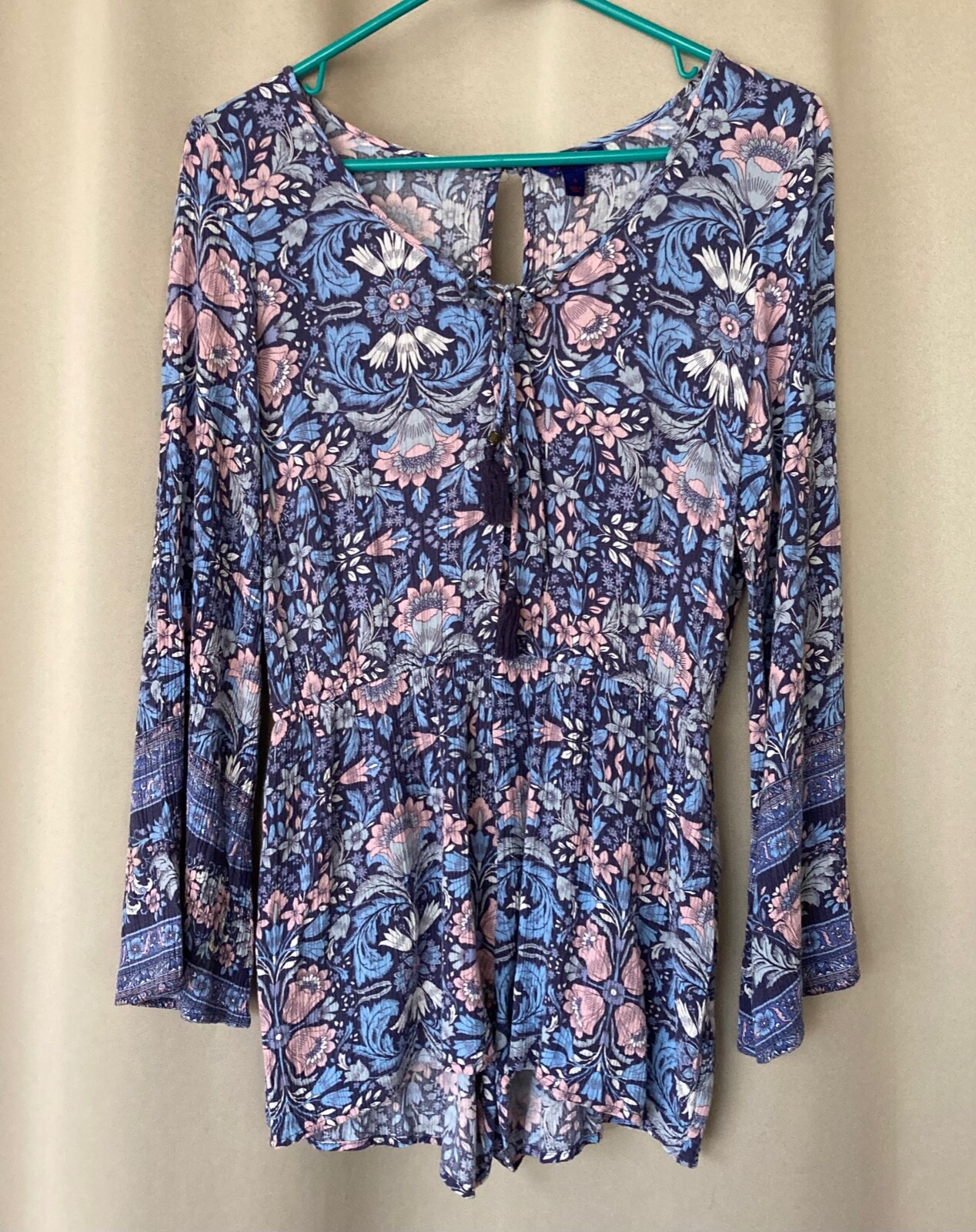 AEROPOSTALE ROMPER Blue Floral One Piece Long Sleeve Flare Arms Women’s S