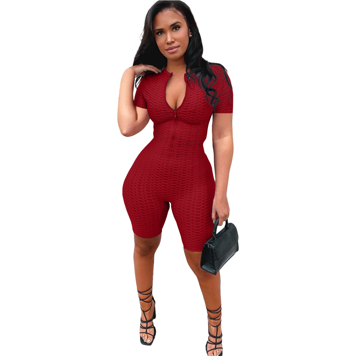 Stylish New Women Short Sleeves Zipper Patchwork Skinny Solid Causal Jumpsuit