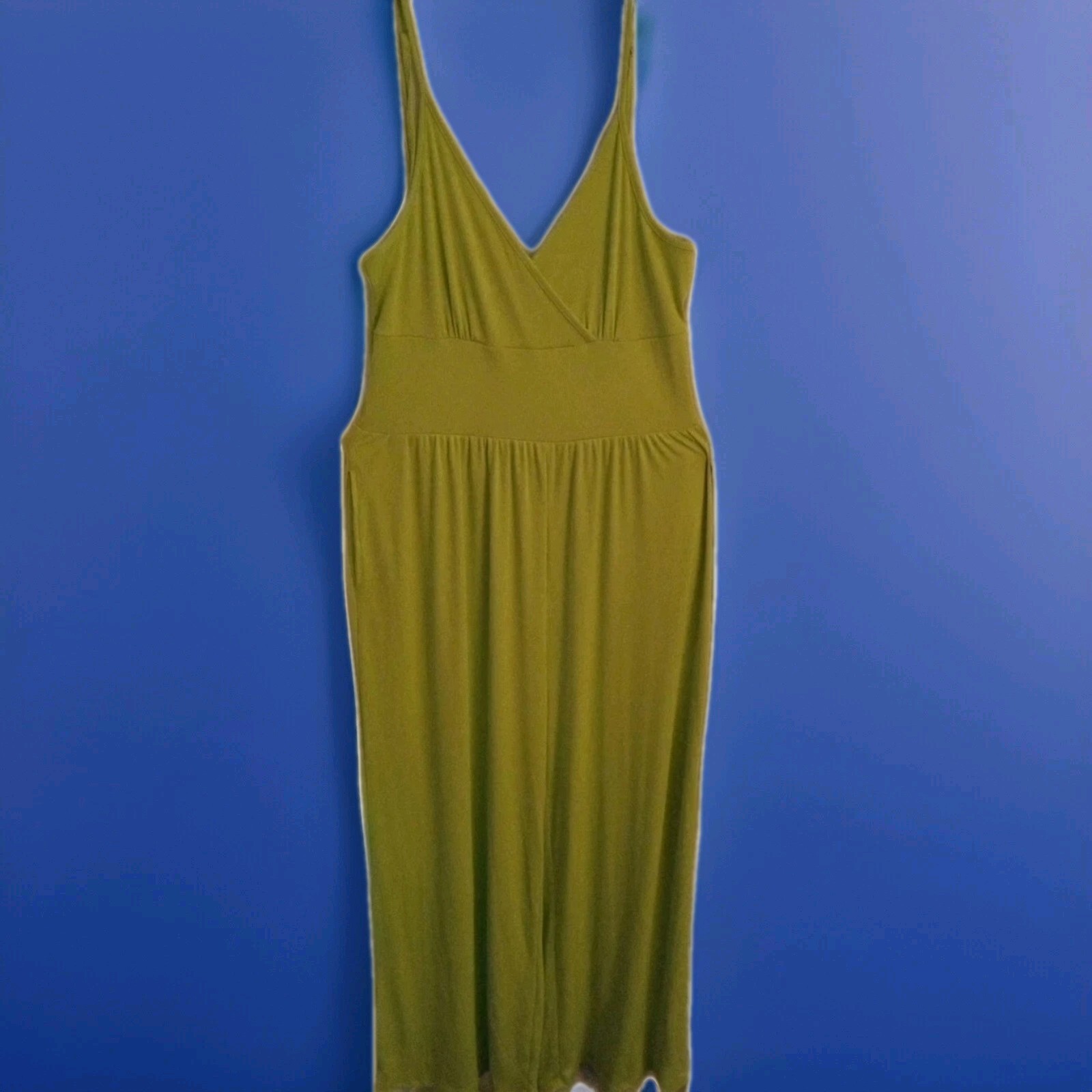 Women’s XL Stretchy Ribbed Wide Leg Lime Green Tank Jumpsuit with Pockets NEW
