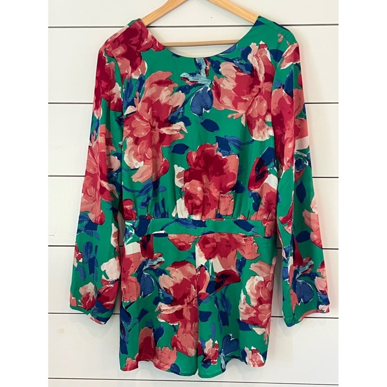 Lulu’s Sweetest Song Green Floral Long-Sleeve Romper with Bold Multicolor Print