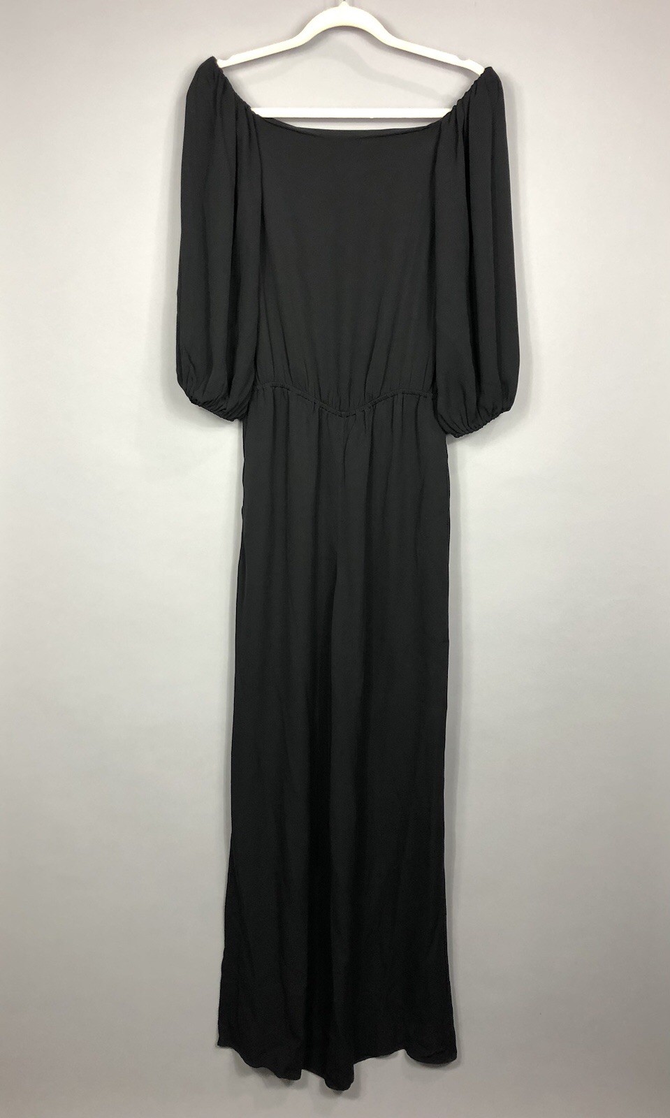 Theory Off Shoulder Classic Silk Jumpsuit SZ S Black Pullover 3/4 Sleeve Pockets