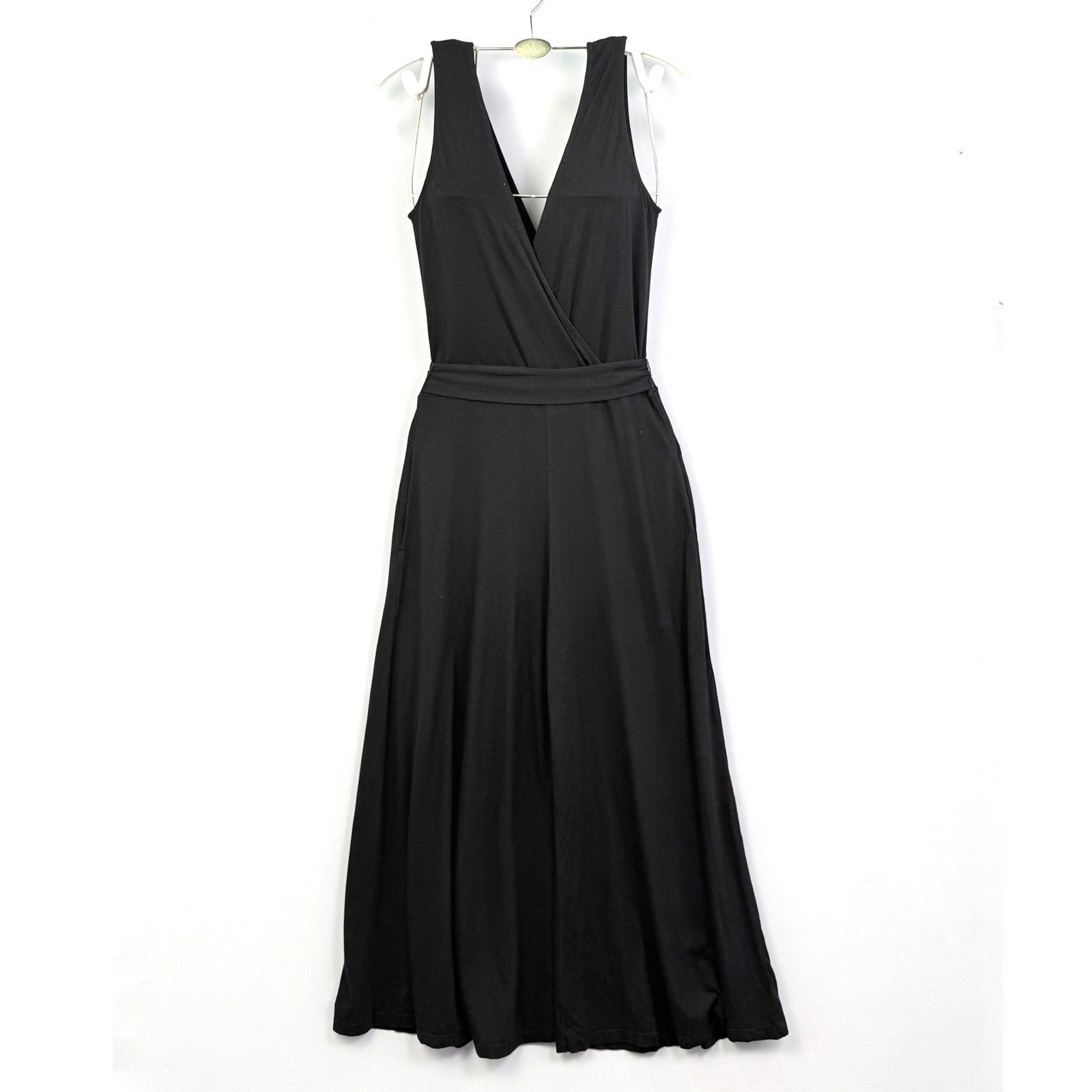 Mila Black Bamboo Cotton Wide Leg Surplice Wrap Jumpsuit Sleeveless Small USA