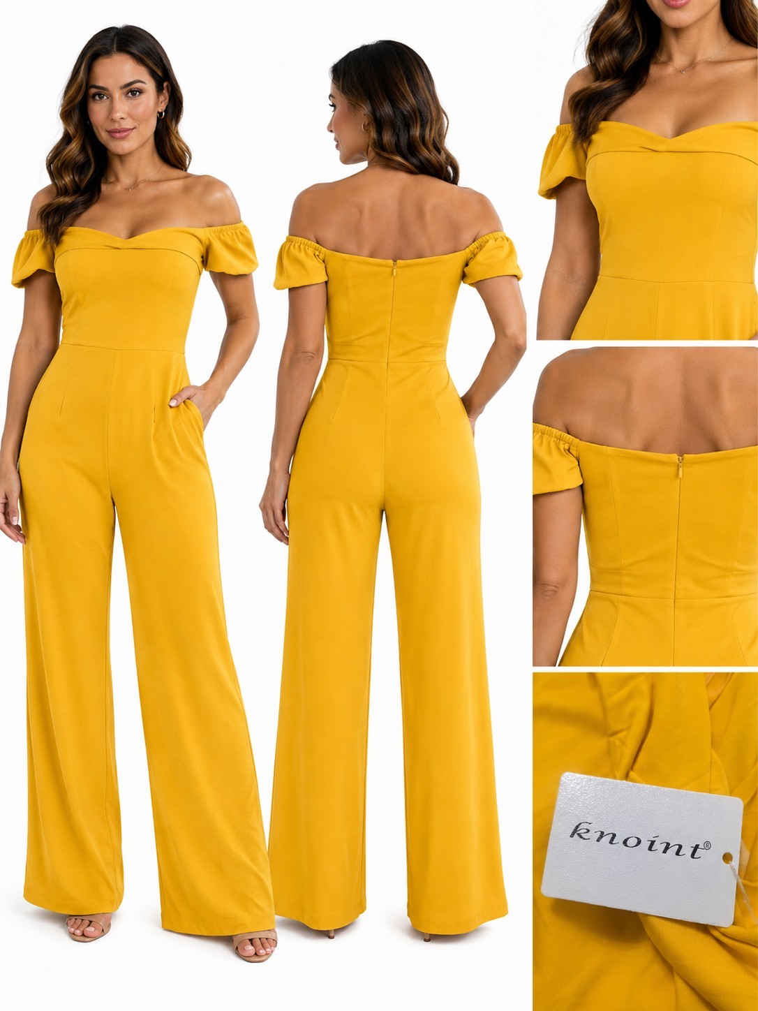Knoint Women’s Yellow Off-Shoulder Wide-Leg Jumpsuit Short Sleeve Zip M