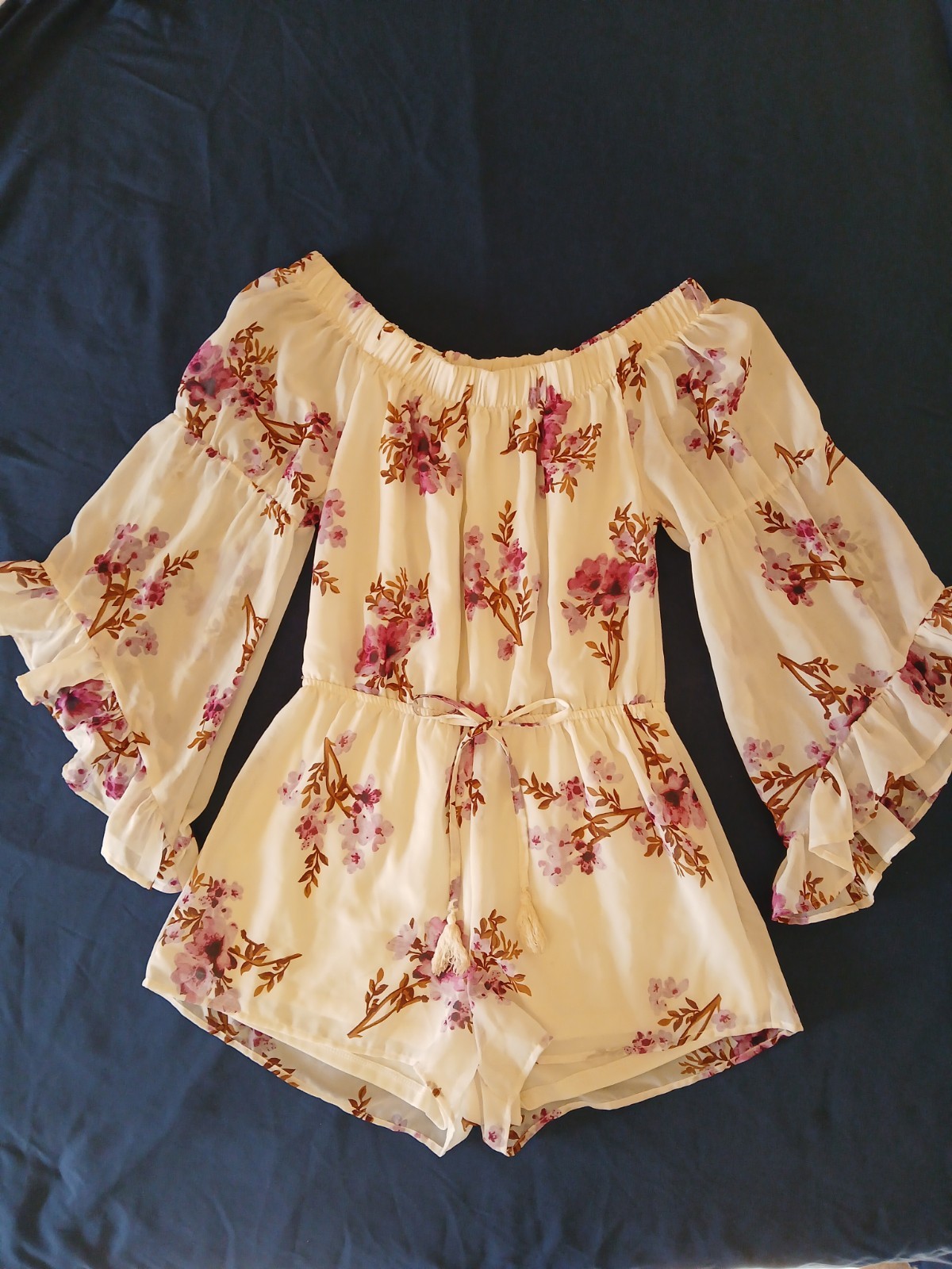 Boho Peasant Romper Women’s M Cream Pink Brown Georgette Lined Tiered Sleeves