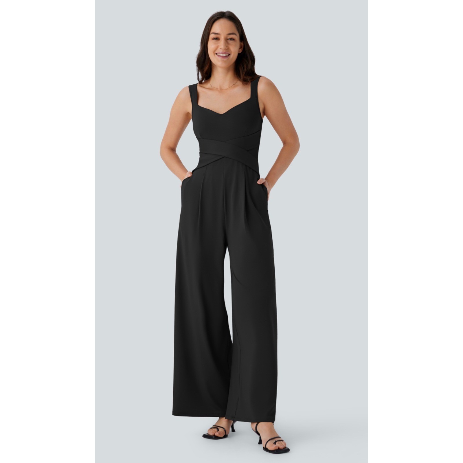 Halara Black U Back Sleeveless Wide Leg Crossover Waist Jumpsuit with Pockets