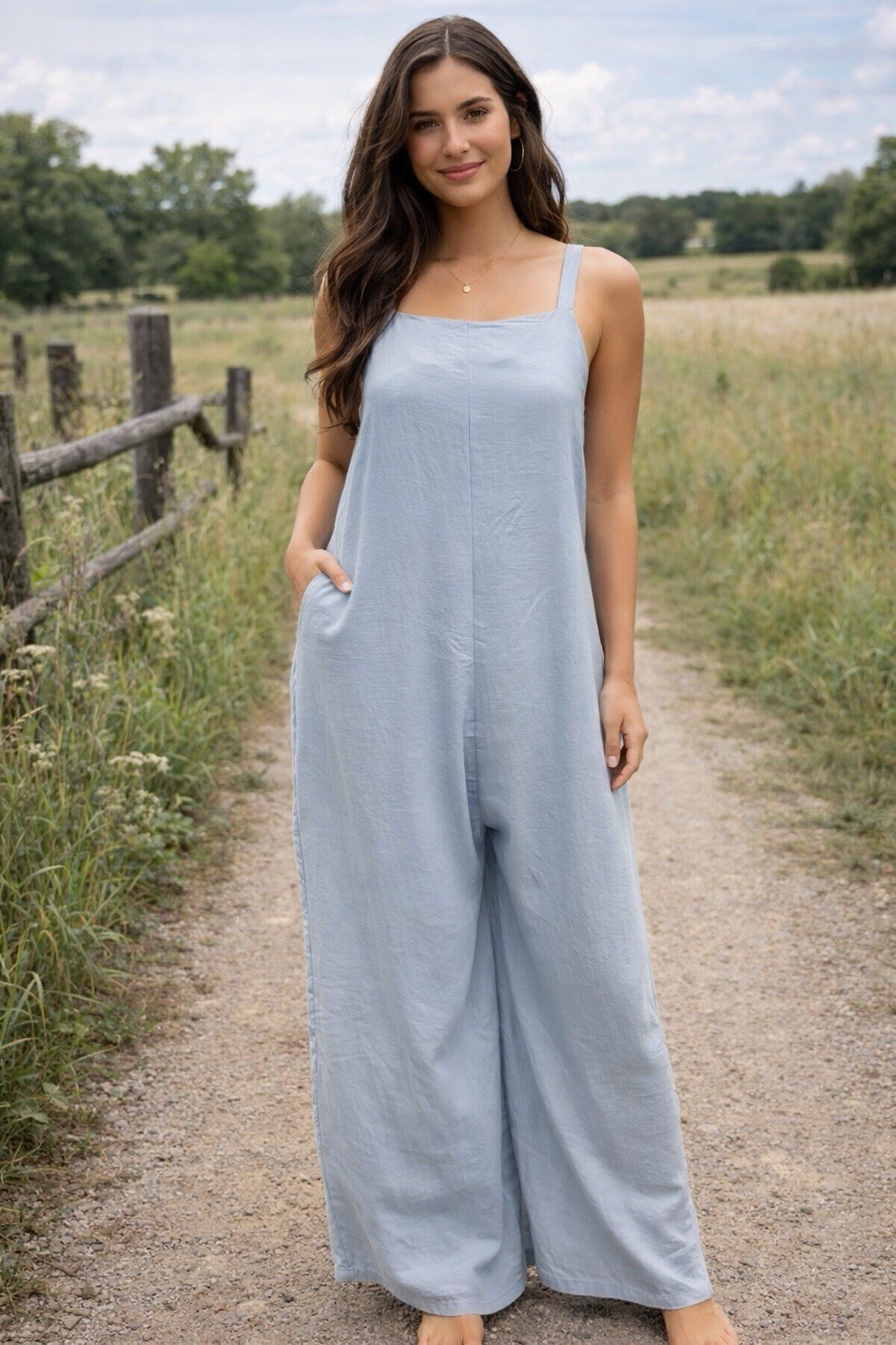 Cozy Casual Light Blue Wide Leg Jumpsuit Women’s Size L Spaghetti Strap Boho