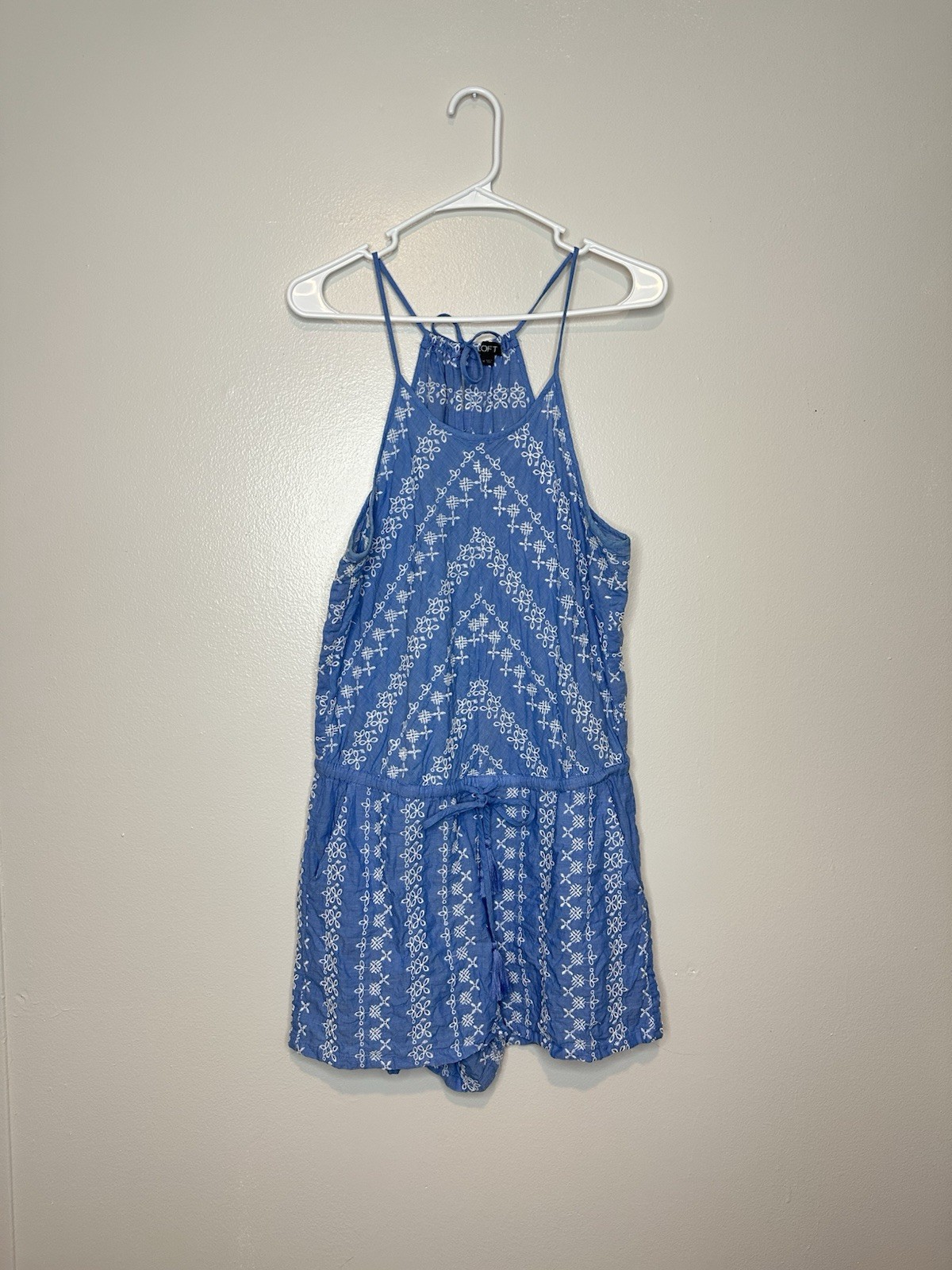 LOFT Romper Women’s Blue White Eyelet Cotton Lightweight Pockets Size M
