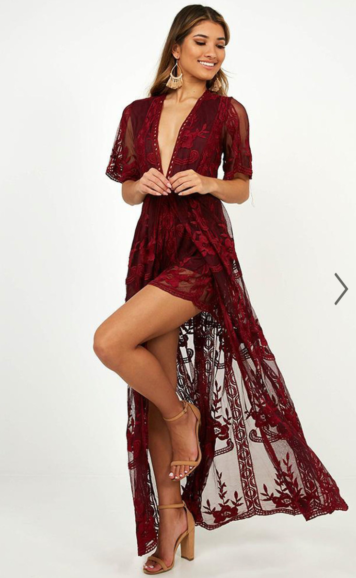 Showpo LETS GET LOUD Plunge V Neck Floral Lace Maxi Playsuit Wine Burgundy sz 10