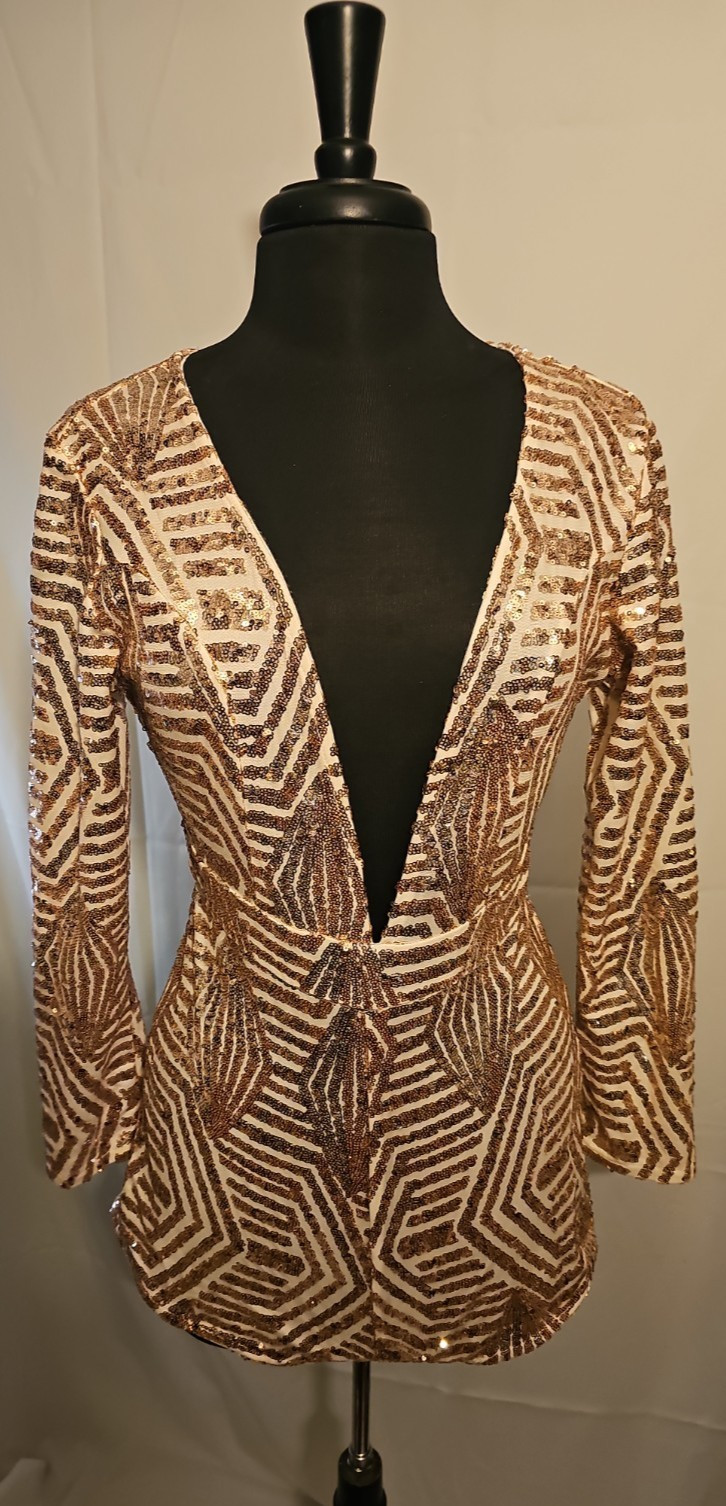 Women’s Medium Rose Gold Sequin Romper Deep Plunge V-Neck Open Back Long Sleeve