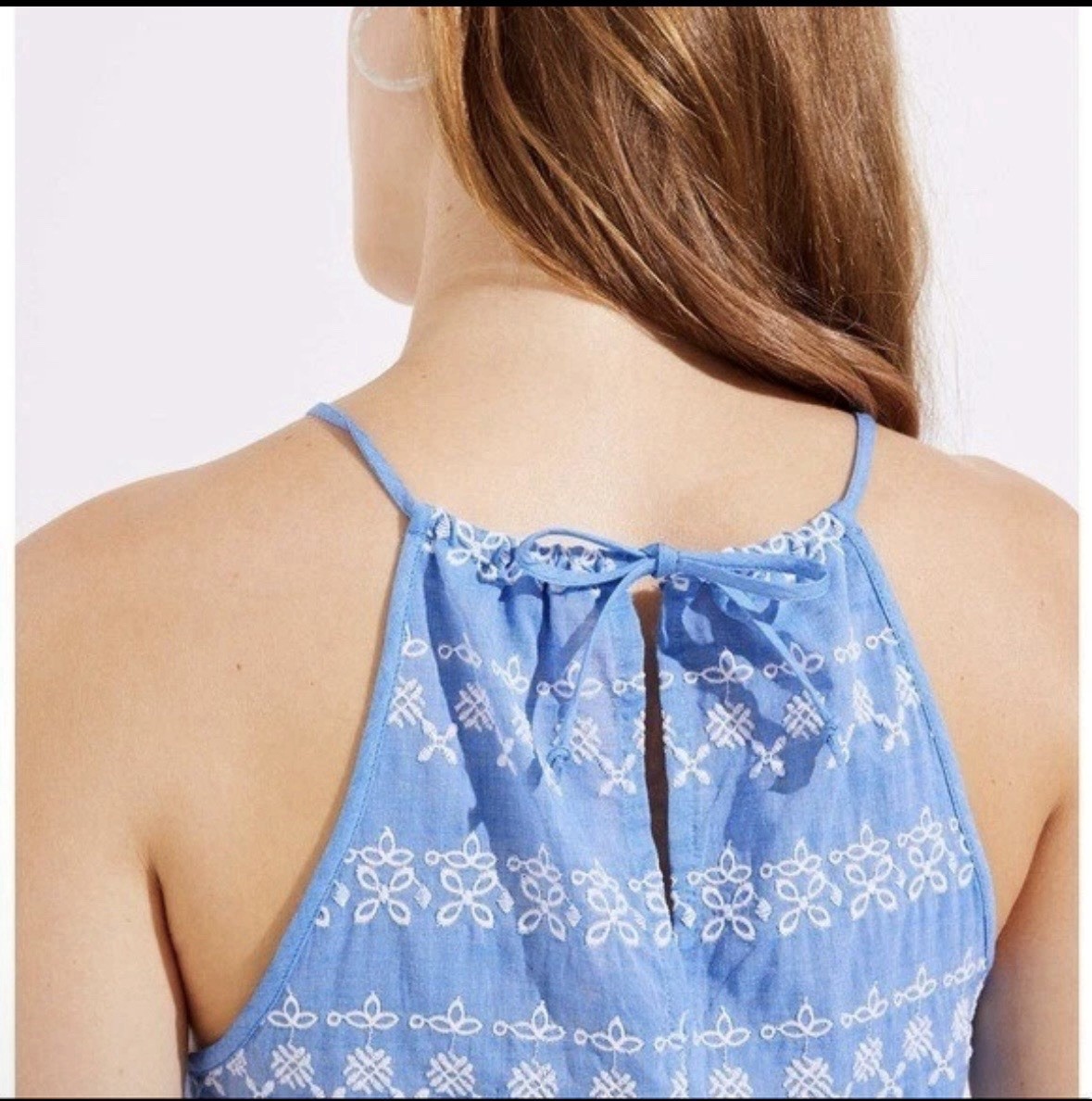 LOFT Romper Women’s Blue White Eyelet Cotton Lightweight Pockets Size M