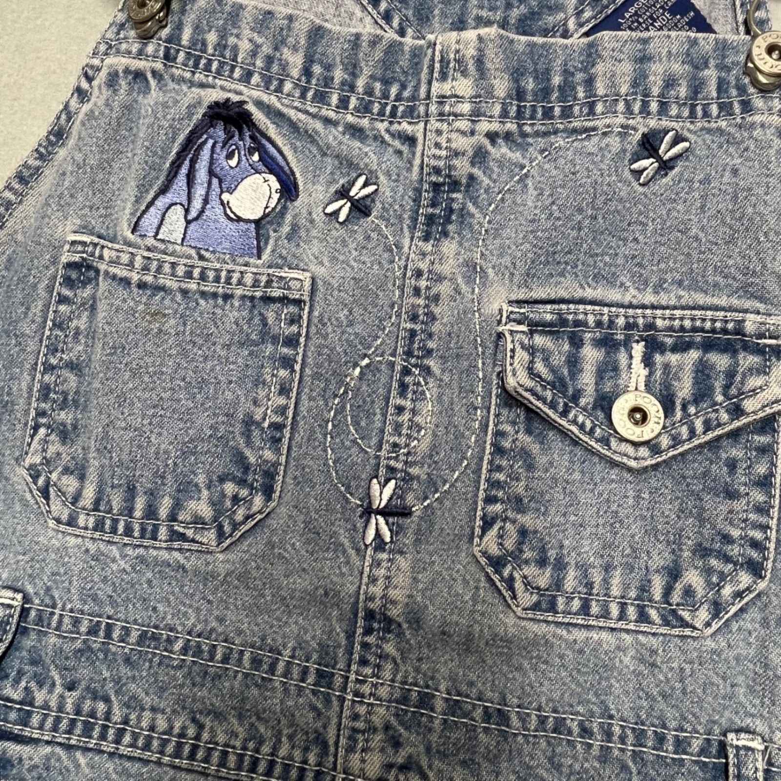 Vintage Eeyore Denim Overalls Womens L Disney Pooh Corner Embroidered Wide Leg
