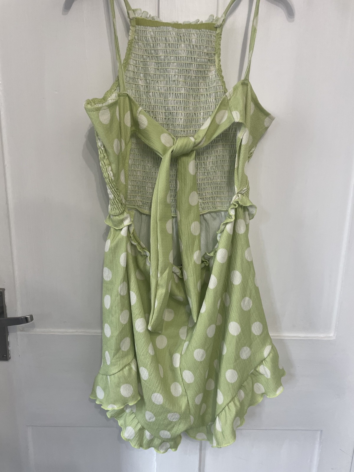 River Island Green Polka Dot Shirred Playsuit Size M Tie Back Summer Romper