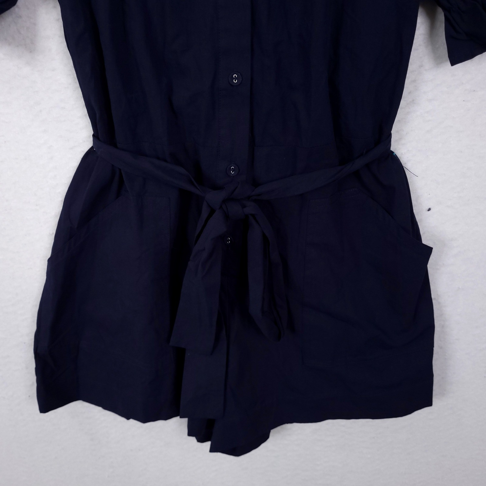 Petal and Pup Riley Waist Tie Romper Womens XS Navy Blue Cotton Puff Sleeve New