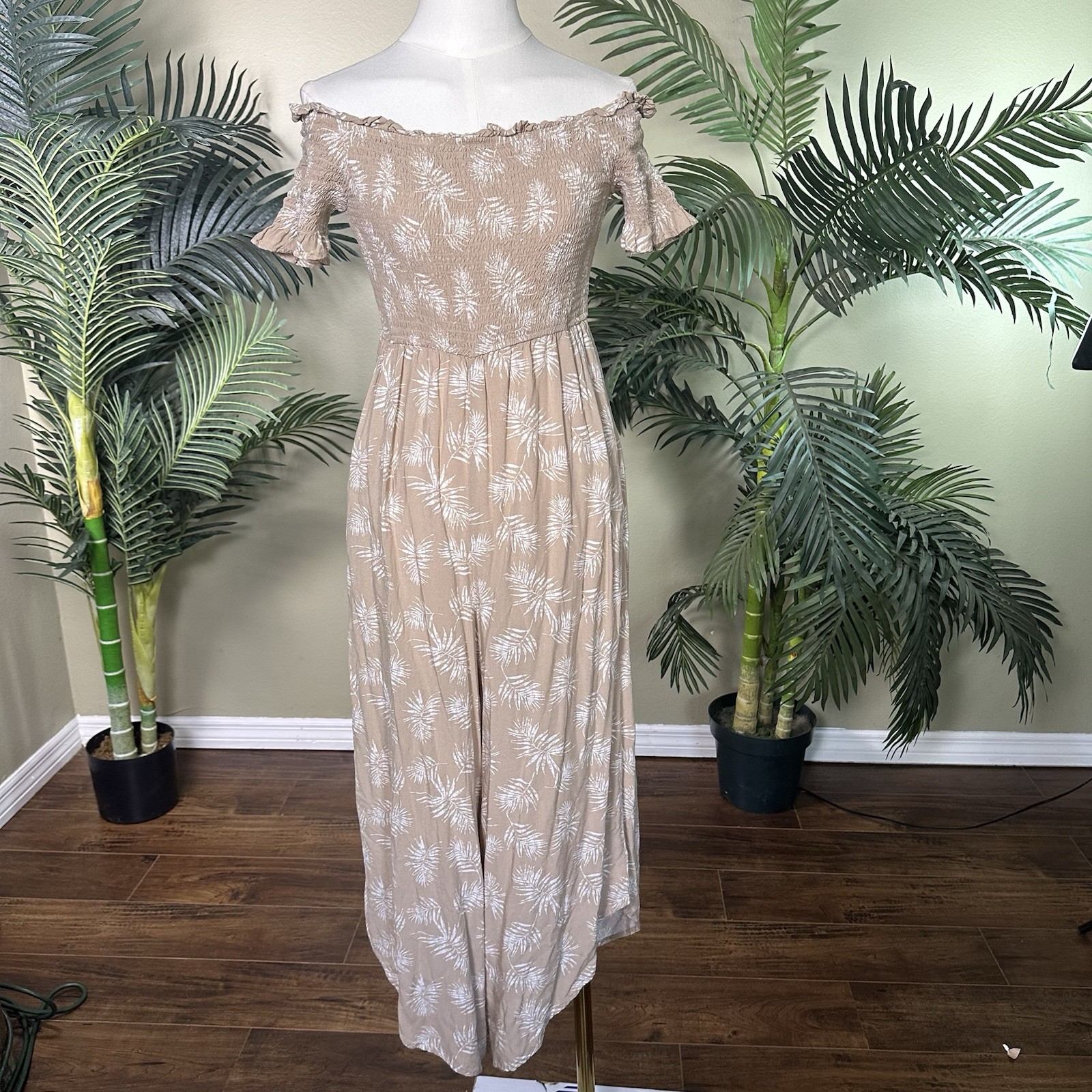 Audrey Parks x Francesca’s Romper Women L Smocked Bodice Pockets Ankle Tropical