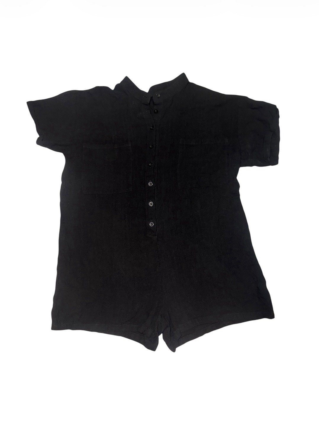 Linen Cotton Blend Black Women’s Romper Minimalist Boho Chic Rolled Sleeves