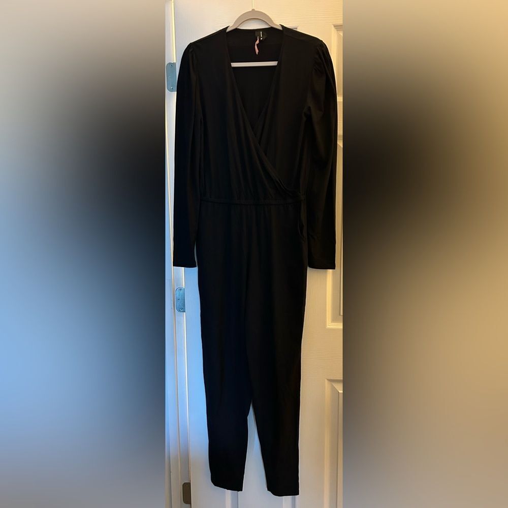 BOBI Revolve Women’s Black Drape Front Size Med Modal Surplice Jumpsuit