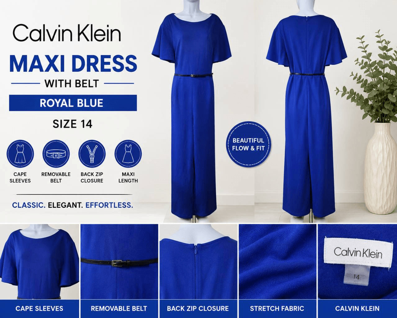 Calvin Klein Women’s Royal Blue Belted Cape Sleeve Jumpsuit Size 14
