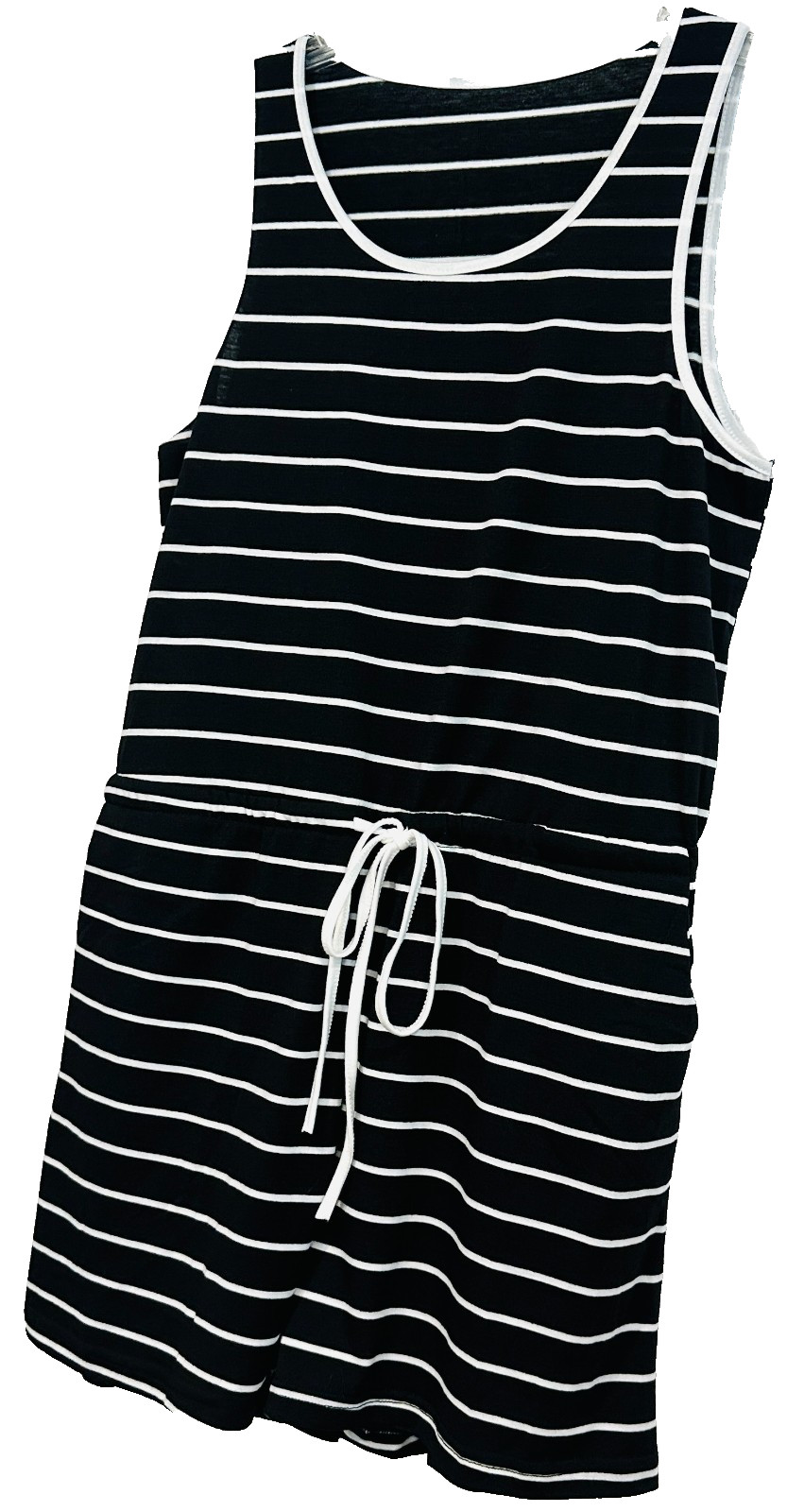 Sleeveless Romper Shorts Stretch Black White Stripe Elastic Tie Waist Size Large